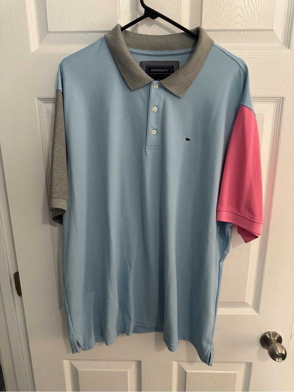 crown & ivy Blue Polo with Pink and Gray Colorblock Sleeves
